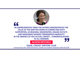 Alison Mitchell, Chair, Cricket Writers’ Club announcing the 2020 Domestic Cricket Journalism Awards with the ECB