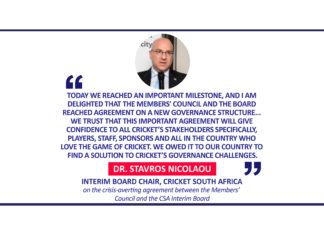 Dr. Stavros Nicolaou, Interim Board Chair, Cricket South Africa on the crisis-averting agreement between the Members’ Council and the CSA Interim Board