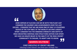 Warren Deutrom, Chief Executive of Cricket Ireland releasing Cricket Ireland's new three-year Strategic Plan