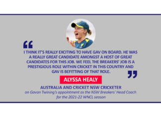 Alyssa Healy, Australia and Cricket NSW Cricketer on Gavan Twining's appointment as the NSW Breakers' Head Coach for the 2021-22 WNCL season