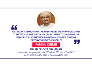 Pankaj Khimji, Oman Cricket Chairman announcing the groups for the ICC Men’s T20 World Cup 2021 to be hosted by the BCCI in Oman and the UAE
