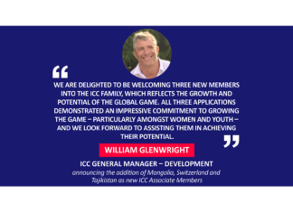 William Glenwright, ICC General Manager – Development announcing the addition of Mongolia, Switzerland and Tajikistan as new ICC Associate Members