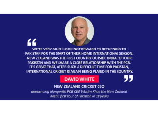 David White, New Zealand Cricket CEO announcing along with PCB CEO Wasim Khan the New Zealand Men's first tour of Pakistan in 18 years