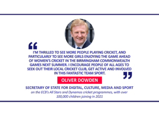 Oliver Dowden, Secretary of State for Digital, Culture, Media and Sport on the ECB's All Stars and Dynamos cricket programmes, with over 100,000 children joining in 2021