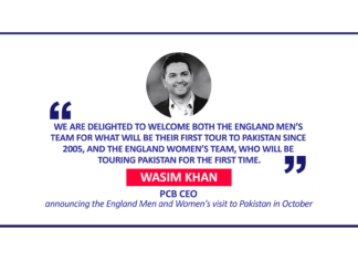 Wasim Khan, PCB CEO announcing the England Men and Women's visit to Pakistan in October