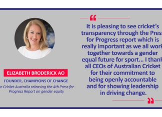 Elizabeth Broderick AO, Founder, Champions of Change on Cricket Australia releasing the 4th Press for Progress Report on gender equity