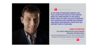 Mike Atherton, Sky Sports Broadcaster and former England International expressing disappointment in The Times with the ECB's decision to cancel their October mini-tour of Pakistan
