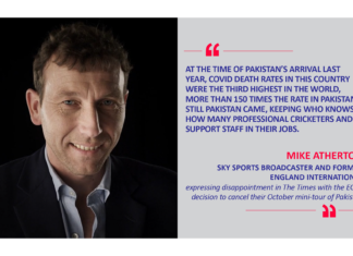 Mike Atherton, Sky Sports Broadcaster and former England International expressing disappointment in The Times with the ECB's decision to cancel their October mini-tour of Pakistan