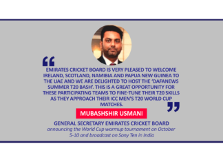 Mubashshir Usmani, General Secretary Emirates Cricket Board announcing the World Cup warmup tournament on October 5-10 and broadcast on Sony Ten in India