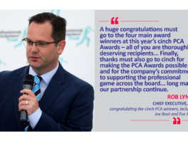 Rob Lynch, Chief Executive, PCA congratulating the cinch PCA winners, including Joe Root and Eve Jones