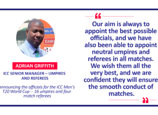 Adrian Griffith, ICC Senior Manager – Umpires and Referees announcing the officials for the ICC Men's T20 World Cup -- 16 umpires and four match referees