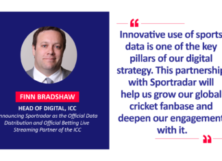Finn Bradshaw, Head of Digital, ICC announcing Sportradar as the Official Data Distribution and Official Betting Live Streaming Partner of the ICC