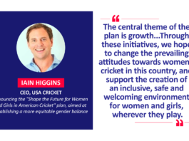 Iain Higgins, CEO, USA Cricket announcing the "Shape the Future for Women and Girls in American Cricket" plan, aimed at establishing a more equitable gender balance
