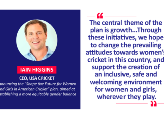 Iain Higgins, CEO, USA Cricket announcing the "Shape the Future for Women and Girls in American Cricket" plan, aimed at establishing a more equitable gender balance