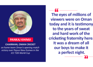 Pankaj Khimji, Chairman, Oman Cricket on home team Oman's opening match victory over Papua New Guinea in the ICC T20I World Cup