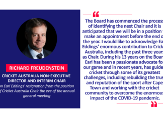 Richard Freudenstein, Cricket Australia Non-Executive Director and Interim Chair on Earl Eddings' resignation from the position of Cricket Australia Chair the eve of the annual general meeting