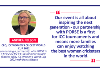 Andrea Nelson, CEO, ICC Women’s Cricket World Cup 2022 announcing a partnership with PORSE in a first-ever for ICC Tournaments to help families enjoy ICC Women's World Cup 2022 with free childcare