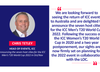 Chris Tetley, Head of Events, ICC announcing the seven host cities for the ICC Men's T20 World Cup 2022 in Oct/Nov