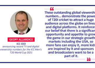 Geoff Allardice, ICC CEO announcing record TV and digital viewership numbers for the ICC Men’s T20 World Cup 2021