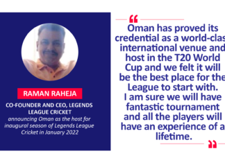 Raman Raheja, Co-Founder and CEO, Legends League Cricket announcing Oman as the host for inaugural season of Legends League Cricket in January 2022