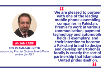 Ahsan Latif, CEO, Islamabad United announcing Premier Code as Smart Phone partner for PSL7
