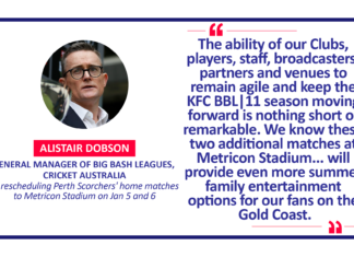 Alistair Dobson, General Manager of Big Bash Leagues, Cricket Australia on rescheduling Perth Scorchers' home matches to Metricon Stadium on Jan 5 and 6