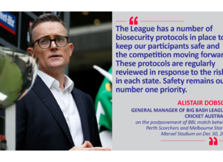 Alistair Dobson, General Manager of Big Bash Leagues, Cricket Australia on the postponement of BBL match between Perth Scorchers and Melbourne Stars at Marvel Stadium on Dec 30, 2021