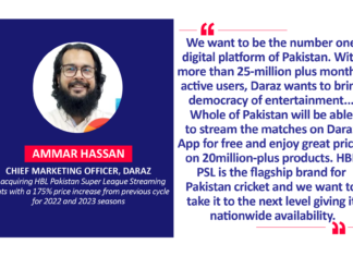 Ammar Hassan, Chief Marketing Officer, Daraz on acquiring HBL Pakistan Super League Streaming Rights with a 175% price increase from previous cycle for 2022 and 2023 seasons