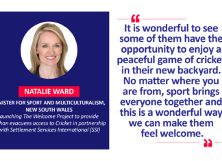 Natalie Ward, Minister for Sport and Multiculturalism, New South Wales launching The Welcome Project to provide Afghan evacuees access to Cricket in partnership with Settlement Services International (SSI)