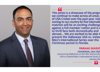 Paraag Marathe, Chairman, USA Cricket announcing Dafanews as the title sponsor for the USA vs Ireland Men’s International Series 2021 starting Dec 22