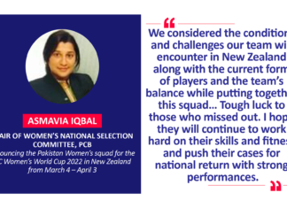 Asmavia Iqbal, Chair of Women’s National Selection Committee, PCB announcing the Pakistan Women’s squad for the ICC Women’s World Cup 2022 in New Zealand from March 4 – April 3
