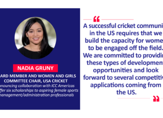 Nadia Gruny, Board Member and Women and Girls Committee Chair, USA Cricket announcing collaboration with ICC Americas to offer six scholarships to aspiring female sports management/administration professionals