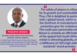 Pholetsi Moseki, Acting Chief Executive Officer, Cricket South Africa on Cricket South Africa partnering with Masuri to provide safety and protection through helmets and StemGuards for South African Men, Women and Domestic teams