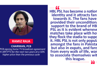 Ramiz Raja, Chairman, PCB on PCB signing home TV broadcast agreement with ARY-PTV for the next two years at a 50% higher price than the previous cycle