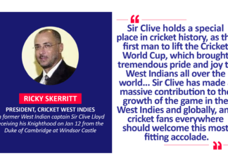 Ricky Skerritt, President, Cricket West Indies on former West Indian captain Sir Clive Lloyd receiving his Knighthood on Jan 12 from the Duke of Cambridge at Windsor Castle