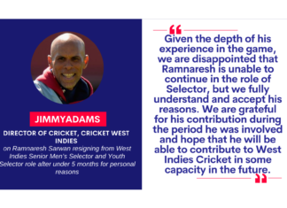 Jimmy Adams, Director of Cricket, Cricket West Indies on Ramnaresh Sarwan resigning from West Indies Senior Men’s Selector and Youth Selector role after under 5 months for personal reasons