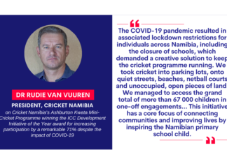 Dr Rudie van Vuuren, President, Cricket Namibia on Cricket Namibia’s Ashburton Kwata Mini-Cricket Programme winning the ICC Development Initiative of the Year award for increasing participation by a remarkable 71% despite the impact of COVID-19