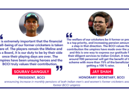 Sourav Ganguly and Jay Shah announcing increase in monthly pensions of both Indian men’s and women’s former cricketers and former BCCI umpires