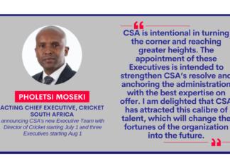 Pholetsi Moseki, Acting Chief Executive, Cricket South Africa announcing CSA’s new Executive Team with Director of Cricket starting July 1 and three Executives starting Aug 1
