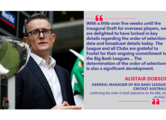 Alistair Dobson, General Manager of Big Bash Leagues, Cricket Australia confirming the order of draft selections for the BBL draft on Aug 28
