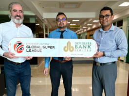 Jamie Stewart, Global Super League representative, Imran Badruddin, Demerara Banks Senior Manager & Demerara Banks CEO, Dowlat Parbhu