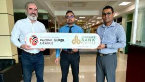 Jamie Stewart, Global Super League representative, Imran Badruddin, Demerara Banks Senior Manager & Demerara Banks CEO, Dowlat Parbhu