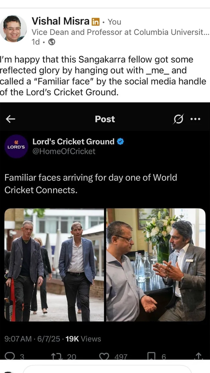 Screenshot of Vishal Misra’s LinkedIn post jokingly referencing Kumar Sangakkara as a “familiar face” in a tweet by Lord’s Cricket Ground during the World Cricket Connects 2025 event.