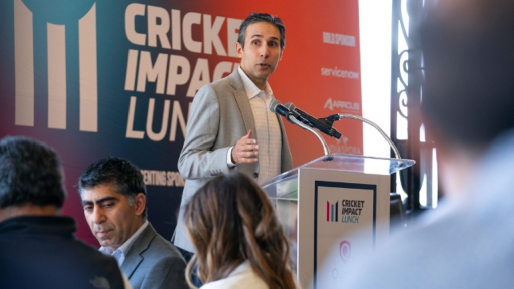 Zee Zaidi delivering a keynote address at the Cricket Impact Lunch 2025, highlighting cricket’s role in business, leadership, and global community impact.